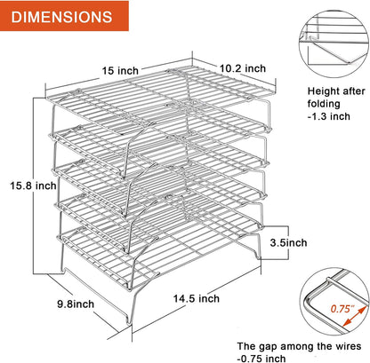P&P CHEF Cooling Rack, 5-Tier Stainless Steel Stackable Baking Cooking Racks for Cooling Roasting Grilling, Collapsible & Heavy Duty, Oven Safe & Easy Clean, 15" x 10", Silver