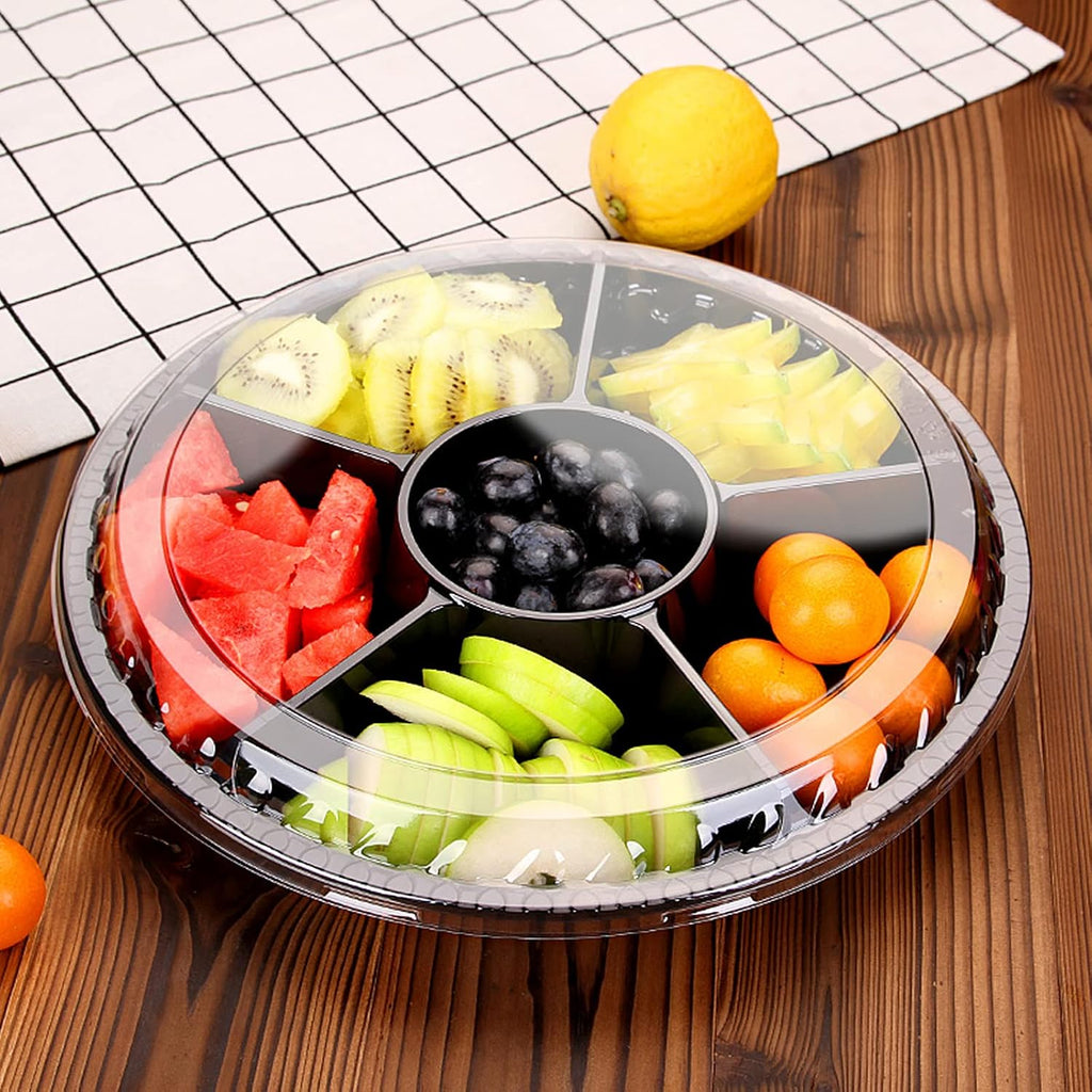 mwellewm 10 Pcs Round Plastic Appetizer Tray with Lid Divided Serving Tray, Disposable Food Storage Containers, Kids Snack, Fruit Platter Vegetable Trays for Party and Buffet
