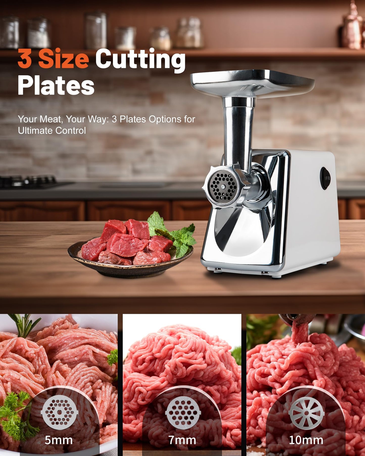 INFOOD Electric Meat Grinder - Heavy Duty Meat Grinders with Stainless Steel Cutting Blade, 3 Grinding Plates, 1 Sausage Maker & Kubbe Kit for Home Kitchen Use, White