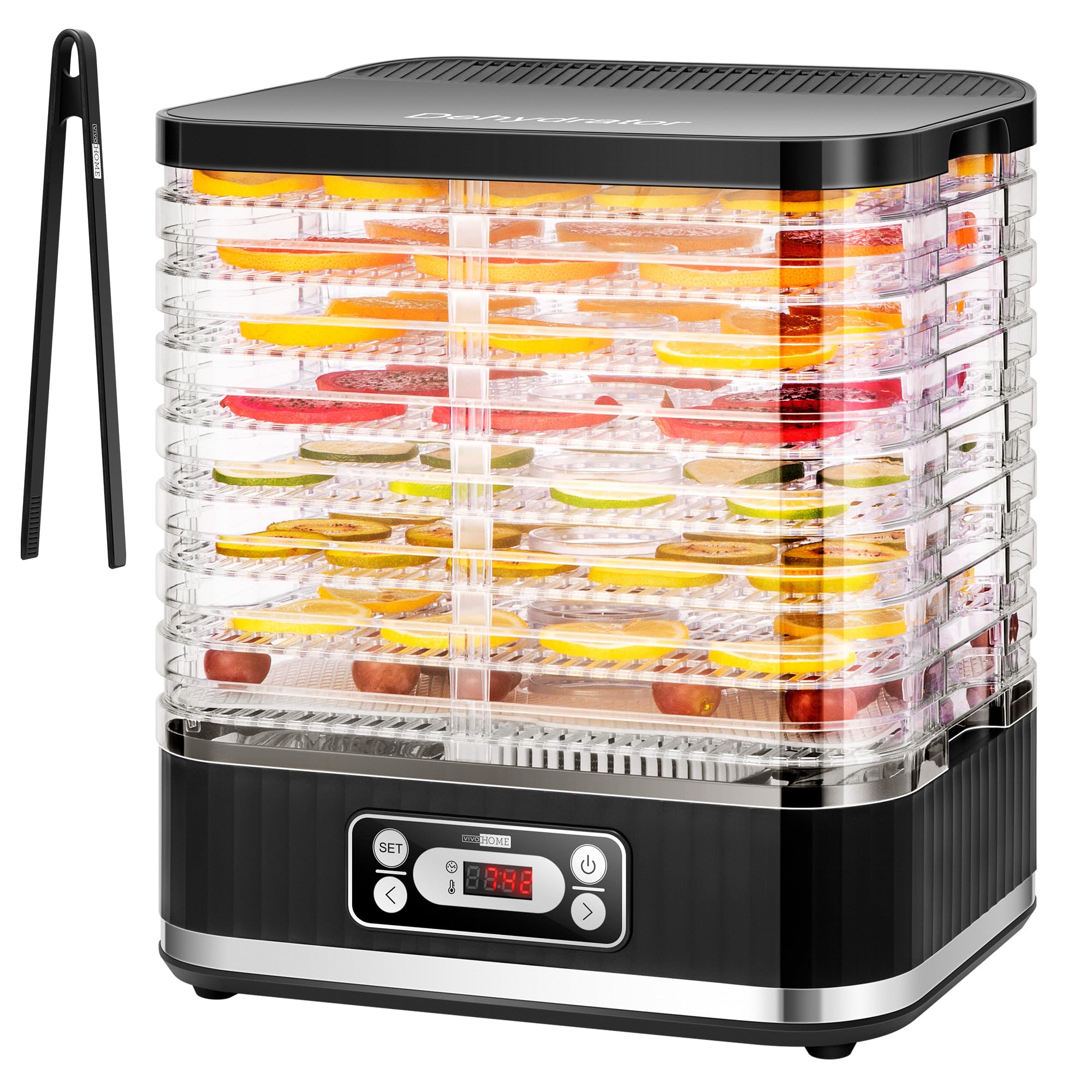 Дегідратор для харчових продуктів VIVOHOME, електричний зволожувач на 8 лотків з 72-годинним цифровим таймером і контролем температури для фруктів, овочів, м'яса, в'яленого м'яса, трав, яловичини, грибів, чорний