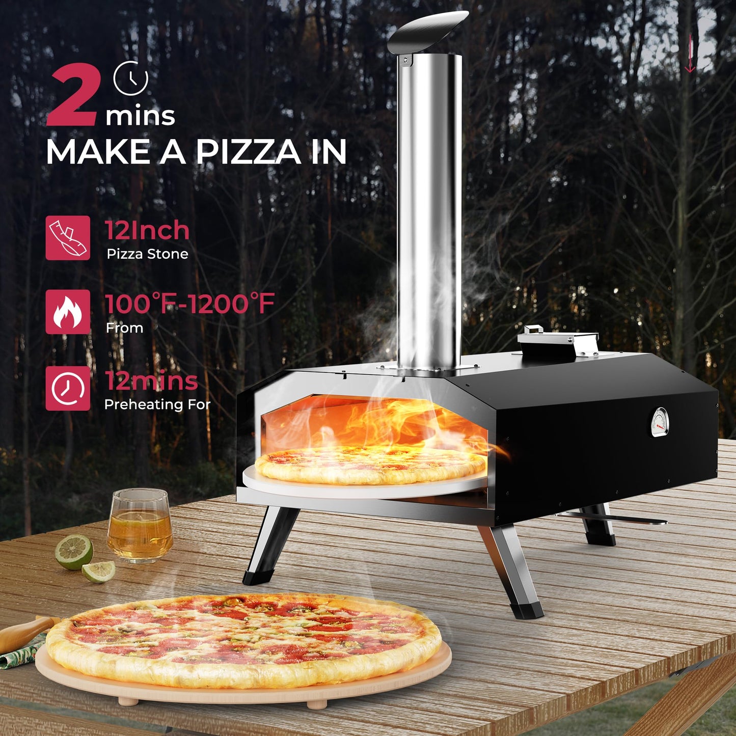 Icyglee 12" Wood Pellet Outdoor Pizza Oven,Wood Fired Portable Pizza Maker with Rotatable Pizza Stone, Countertop Pizza Grill for Backyard and Outside, Black