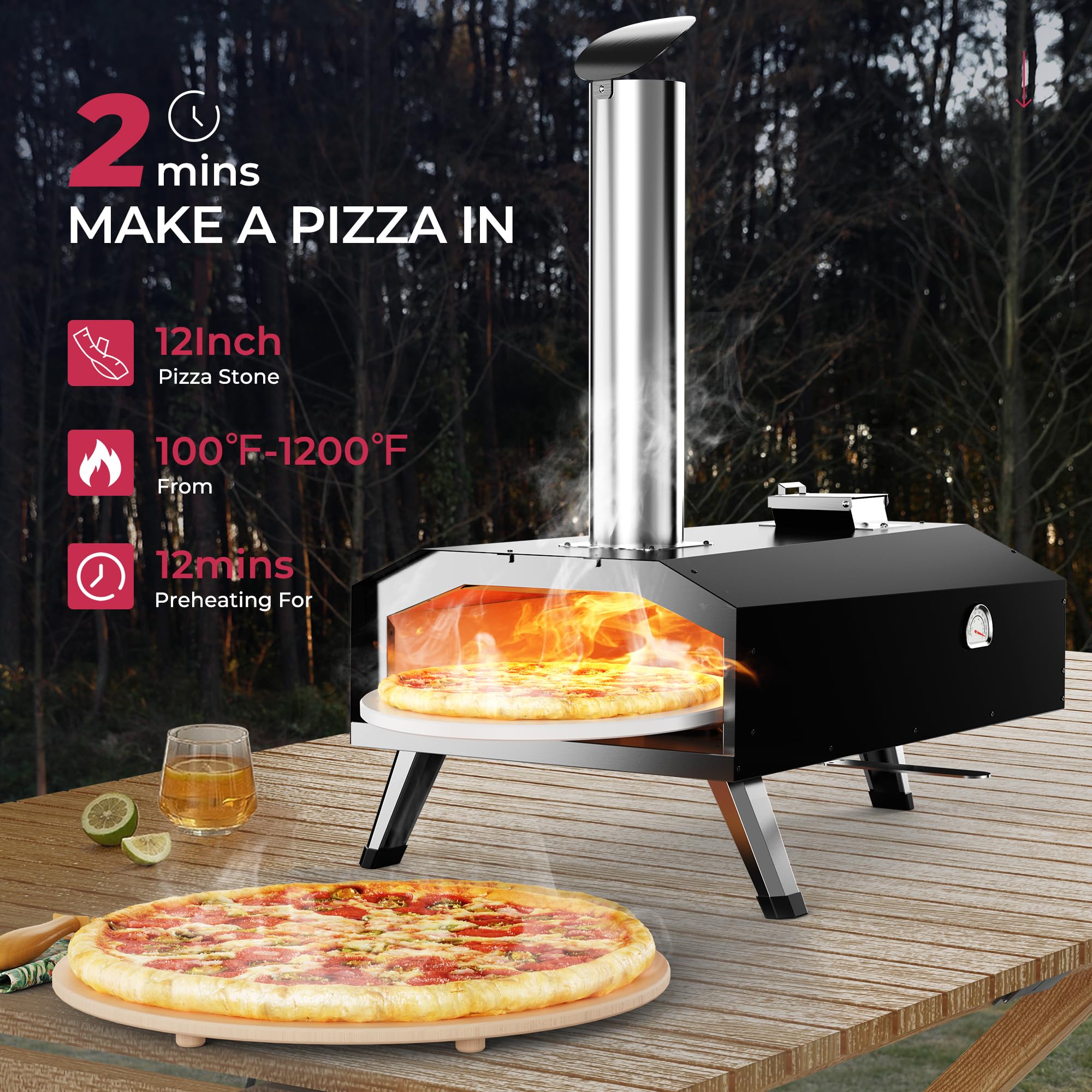 Icyglee 12" piec do pizzy na pelet drzewny, przenośny piec do pizzy opalany drewnem z obrotowym kamieniem do pizzy, grill do pizzy na blacie do ogrodu i na zewnątrz, czarny