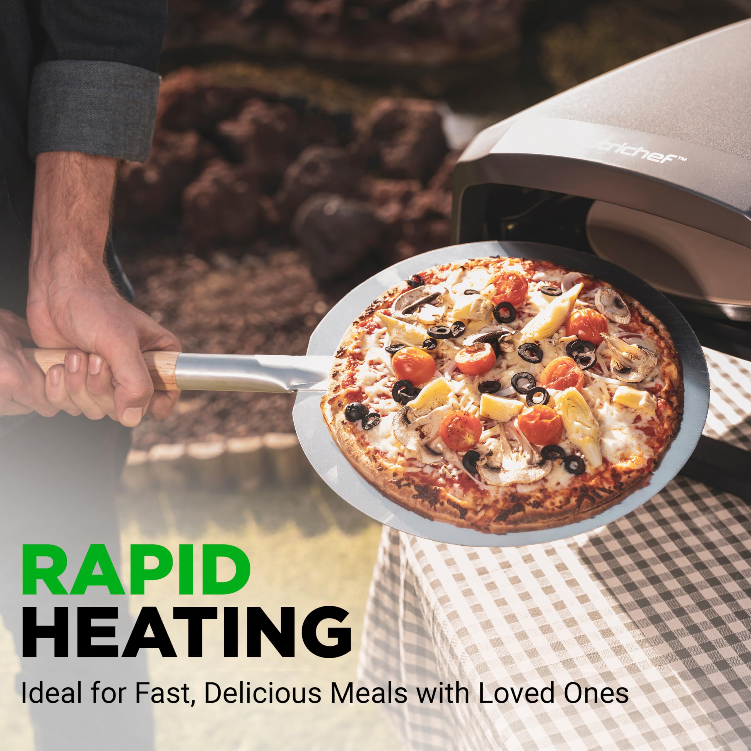 Piec do pizzy NutriChef Outdoor z obracającym się o 360° kamieniem do pizzy | Regulowane pokrętło do regulacji temperatury, w zestawie łopata do pizzy, kamień i regulator z wężem | Piecze pizzę o średnicy 12 cali w 60 sekund | 25,2 x 16,1 x 14 cali