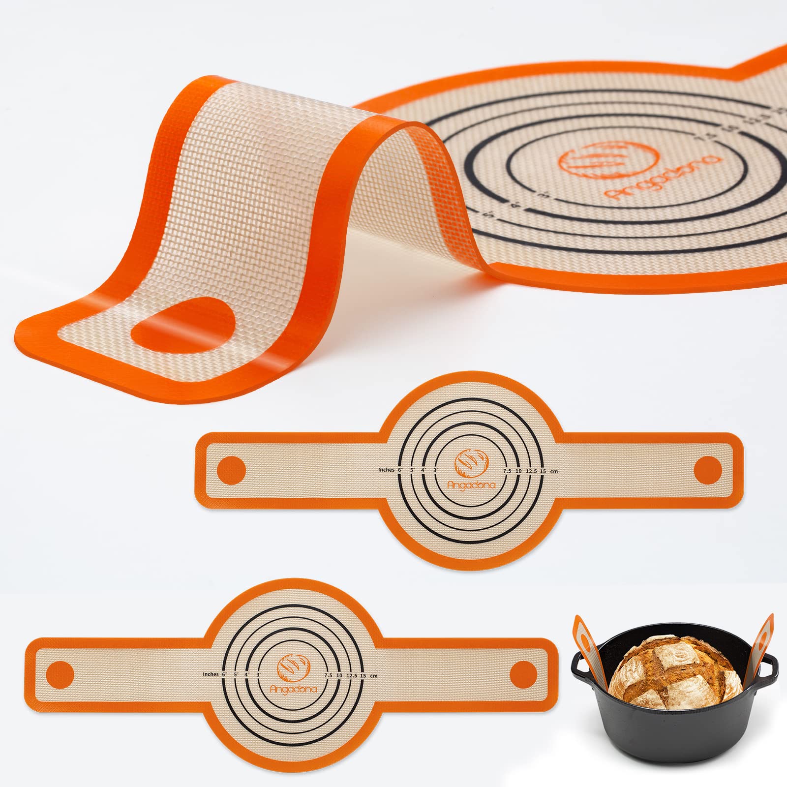 Silicone Bread Sling Dutch Oven - Best Japan Silicone Non-Stick & Easy Clean Reusable Baking Mat With Extra Long Handles, 2 Grey Set for Transferable Dough