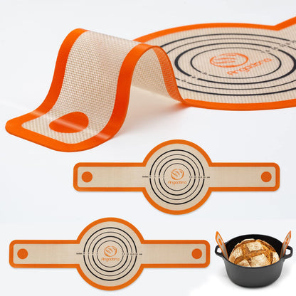 Silicone Bread Sling Dutch Oven - Best Japan Silicone Non-Stick & Easy Clean Reusable Baking Mat With Extra Long Handles, 2 Grey Set for Transferable Dough