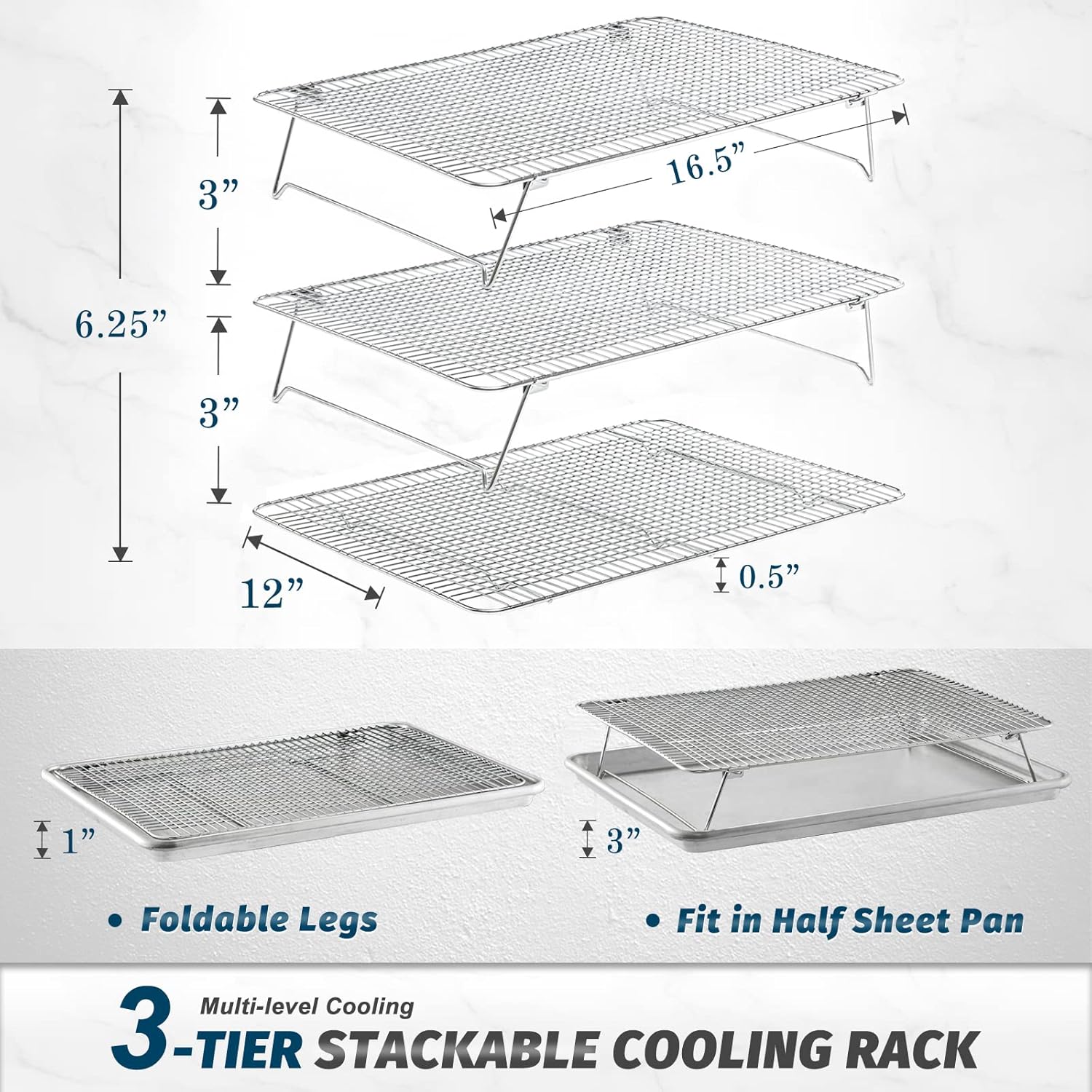 Hiware Stainless Steel Stackable Cooling Rack for Baking, 3 Tier 12”x 16.5”,Oven & Dishwasher Salf and Fit Half Sheet,Wire Cooling Racks for Cookie, Pizza, Cake