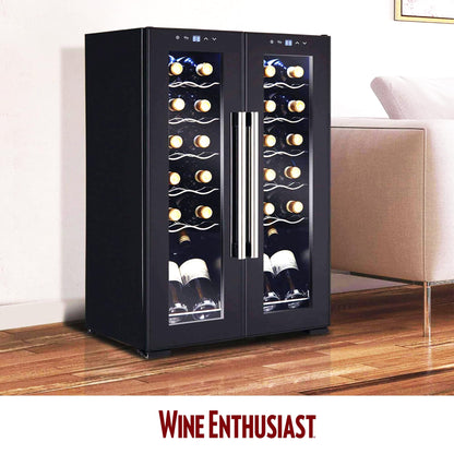 Wine Enthusiast 24-Bottle French Door Dual-Zone Compressor Wine Cooler - Freestanding Wine Refrigerator with Split Storage & 41-64°F Temperature, 2 Glass Pane Doors & Touchscreen LED Controls