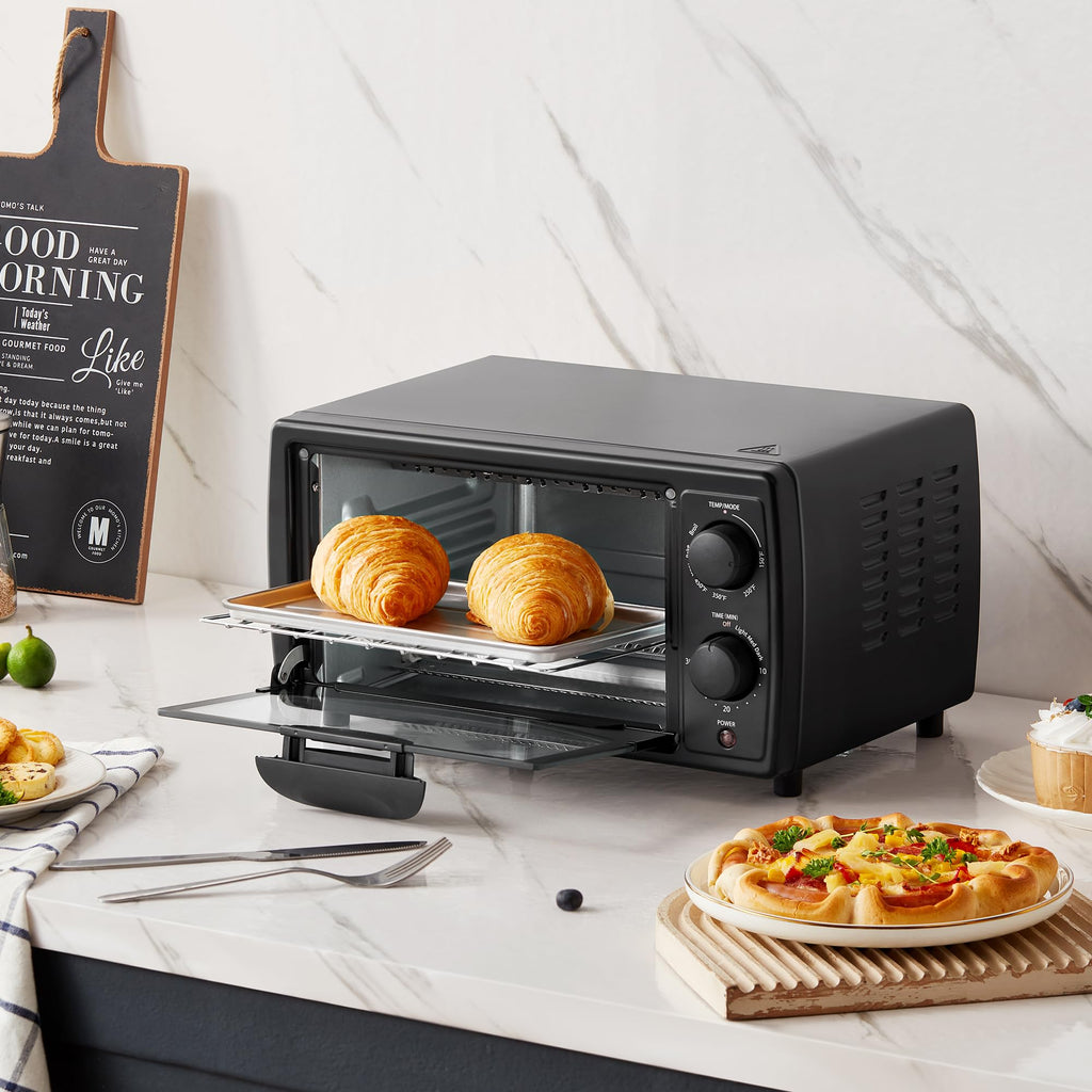 Toster COMFEE' do blatu, mały toster combo na 4 kromki, mini piekarnik do pizzy 9", kompaktowy piekarnik 2 półki do tostów, pieczenia, grillowania, 950 W, czarny, CTO-E101A(BK)