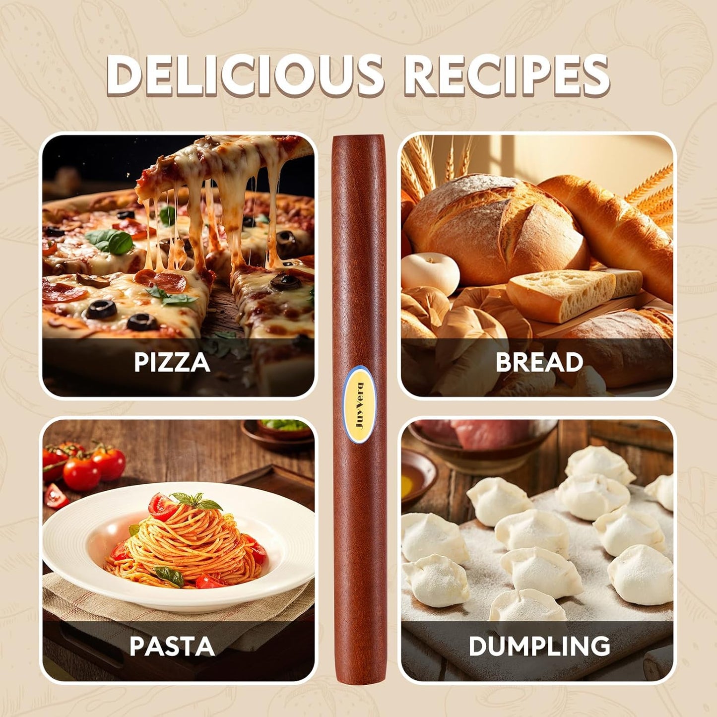 Wood Rolling Pin (15.75 Inches), Non-Stick Rolling Pin for Baking, Natural Sapele Wood Dough Roller for Pizza, Fondant, Pie, Cookie, Pastry, Essential Kitchen Tool