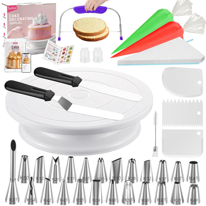Syntus 65 PCs Cake Decorating Kit with Cake Stand Turntable, Cake Baking Supplies 30+1 Piping Bags, 24 Piping Tips, Offset & Straight Spatulas, 3 Scrapers, Leveler, 2 Couplers & 1 Tips Brush