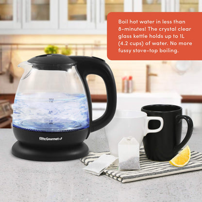 Elite Gourmet EKT1001 Electric 1.0L BPA-Free 1100W Glass Kettle Cordless 360° Base, Stylish Blue LED Interior, Handy Auto Shut-Off Function – Quickly Boil Water For Tea & More, Black