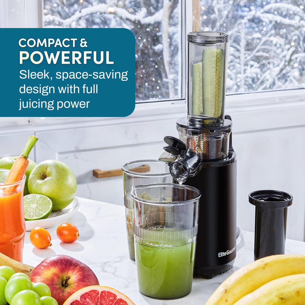 Elite Gourmet Masticating Juicer Machines, 12-inch Juicer, Masticating Cold Press Juicer Machines, Juicer for Vegetables and Fruits, Easy to Clean Juicer, Charcoal Grey