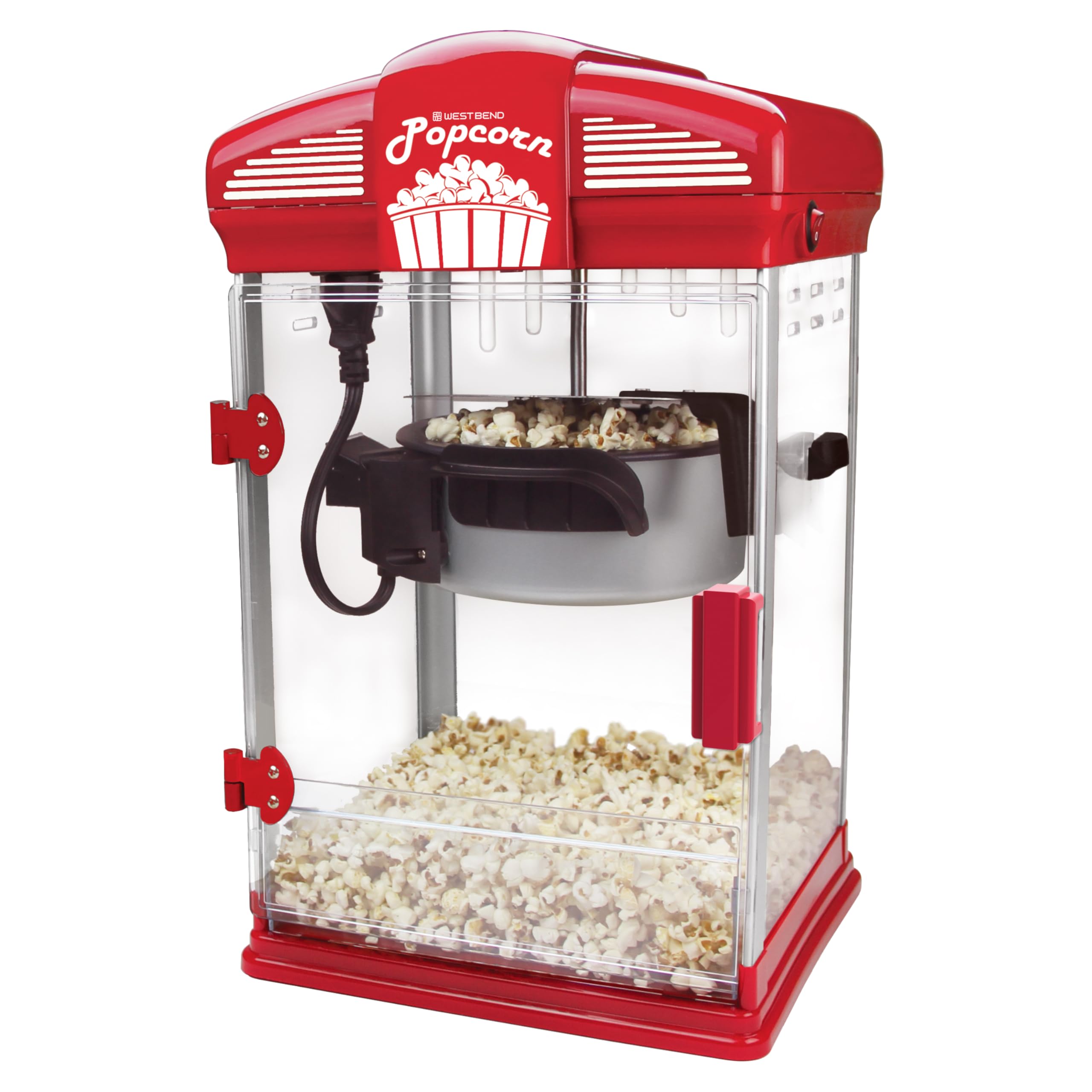 West Bend Stir Crazy Movie Theater Popcorn Popper z nieprzywierającym czajnikiem do popcornu, narzędziem pomiarowym i łyżką do popcornu do maszyny do popcornu Gourmet, 4 Qt., czerwony