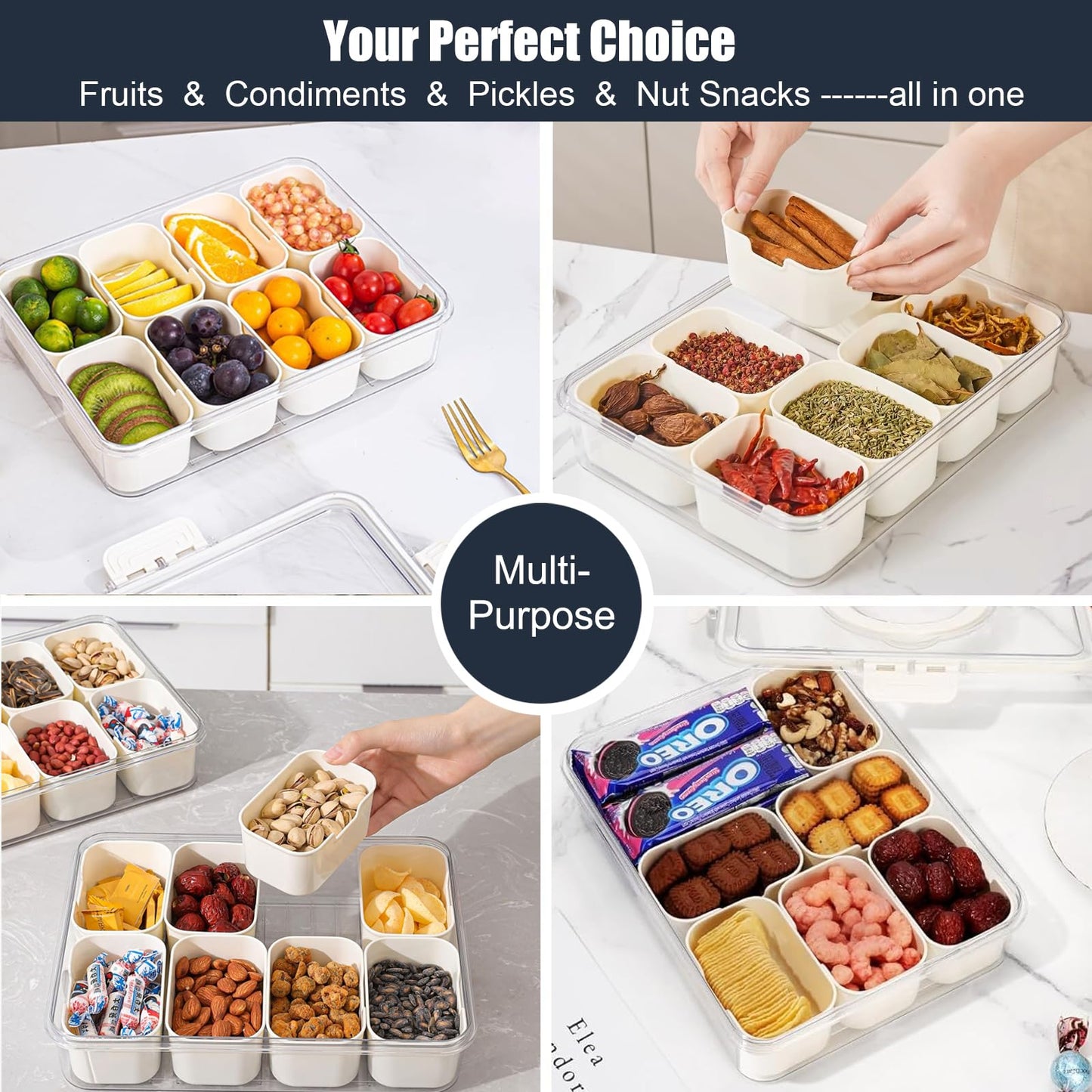 Divided Serving Tray with Lid and Handle,Portable Snackle Box Charcuterie Container,Snack tray Storage Organizer with lid,Snack Platters for Fruit, Nuts, Candy, Entertaining, Party, Picnic,Travel