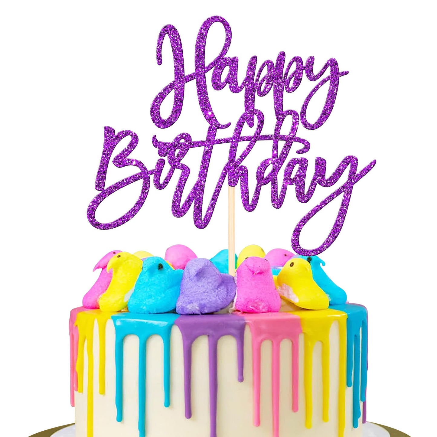 1 PCS Happy Birthday Cake Topper Glitter Cake Pick for Celebrating Anniversary Theme Party Cake Decorations Supplies Light Pink