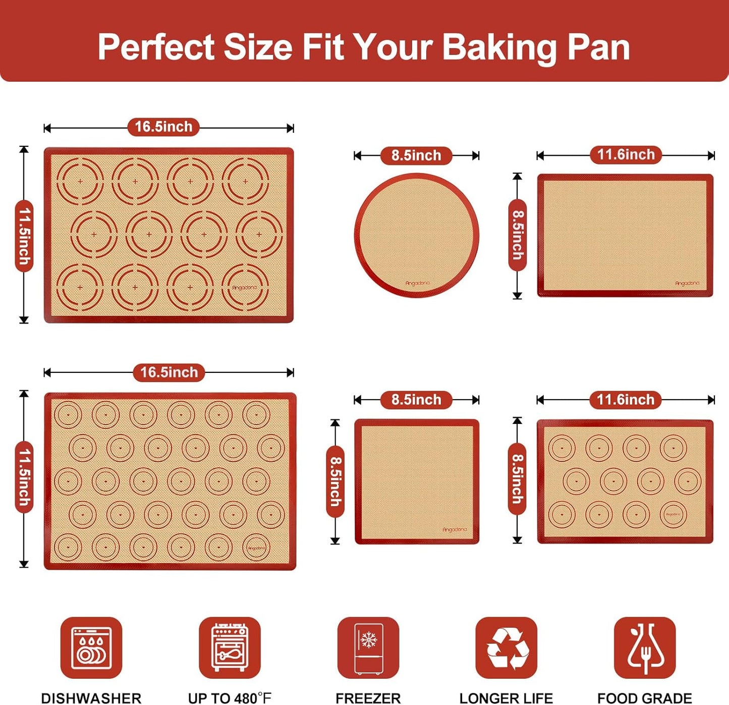 Silicone Baking Mat Set of 6, Easy Clean & Non-Stick Food Grade Reusable Baking Mat, Silicon Baking Mats Oven Liner Sheet, Round & Square Cake Mat, Pastry Board Rolling Dough Mats for Macaron Cookie
