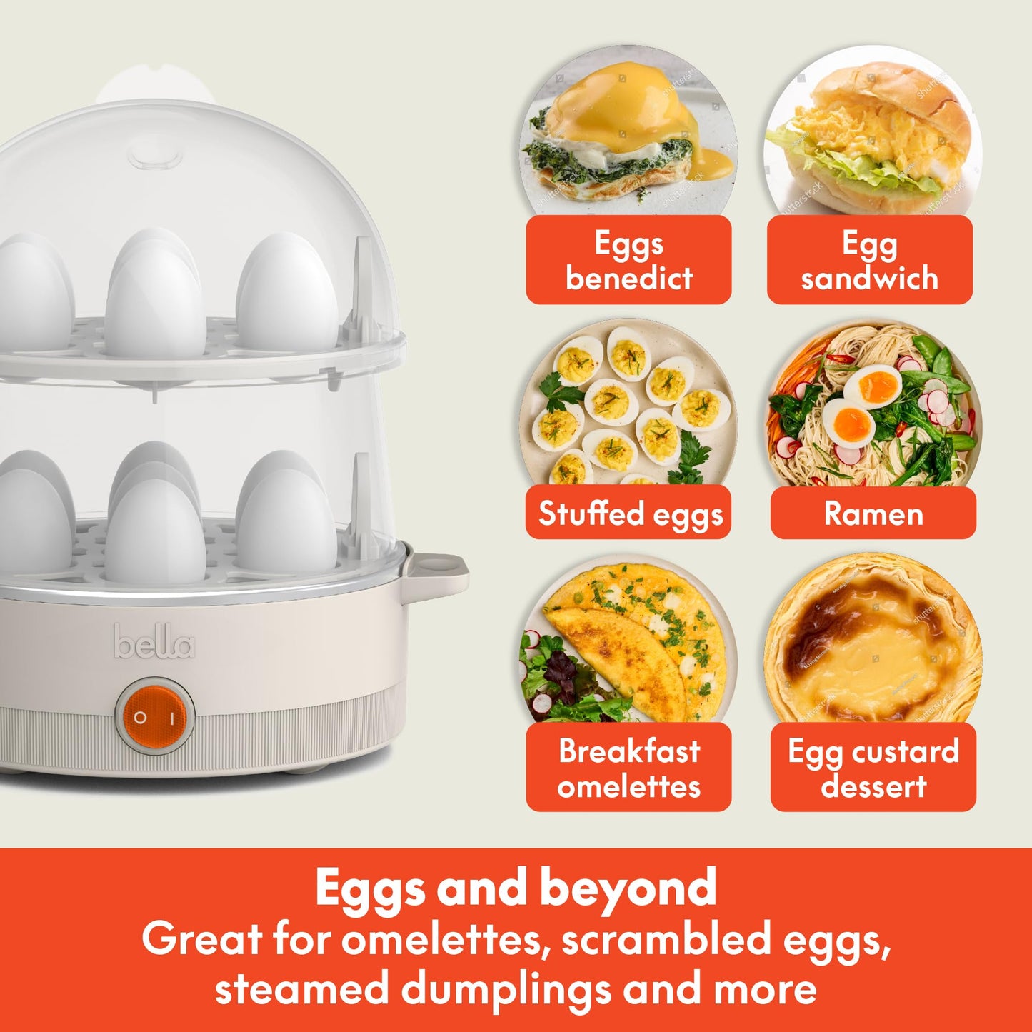 bella Electric Egg Cooker, 14 Eggs Capacity Tray, Double Stack, for Poached, Scrambled, Hard, Medium & Soft Boiled Eggs, Omelets and Steamed Dumplings, Auto Shutoff, 360 Watt, Oatmilk