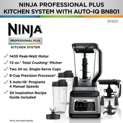 Ninja BN801 Professional Plus Kitchen System, 1400 WP, 5 Functions for Smoothies, Chopping, Dough & More with Auto IQ, 72-oz.* Blender Pitcher, 64-oz. Processor Bowl, (2) 24-oz. To-Go Cups, Grey