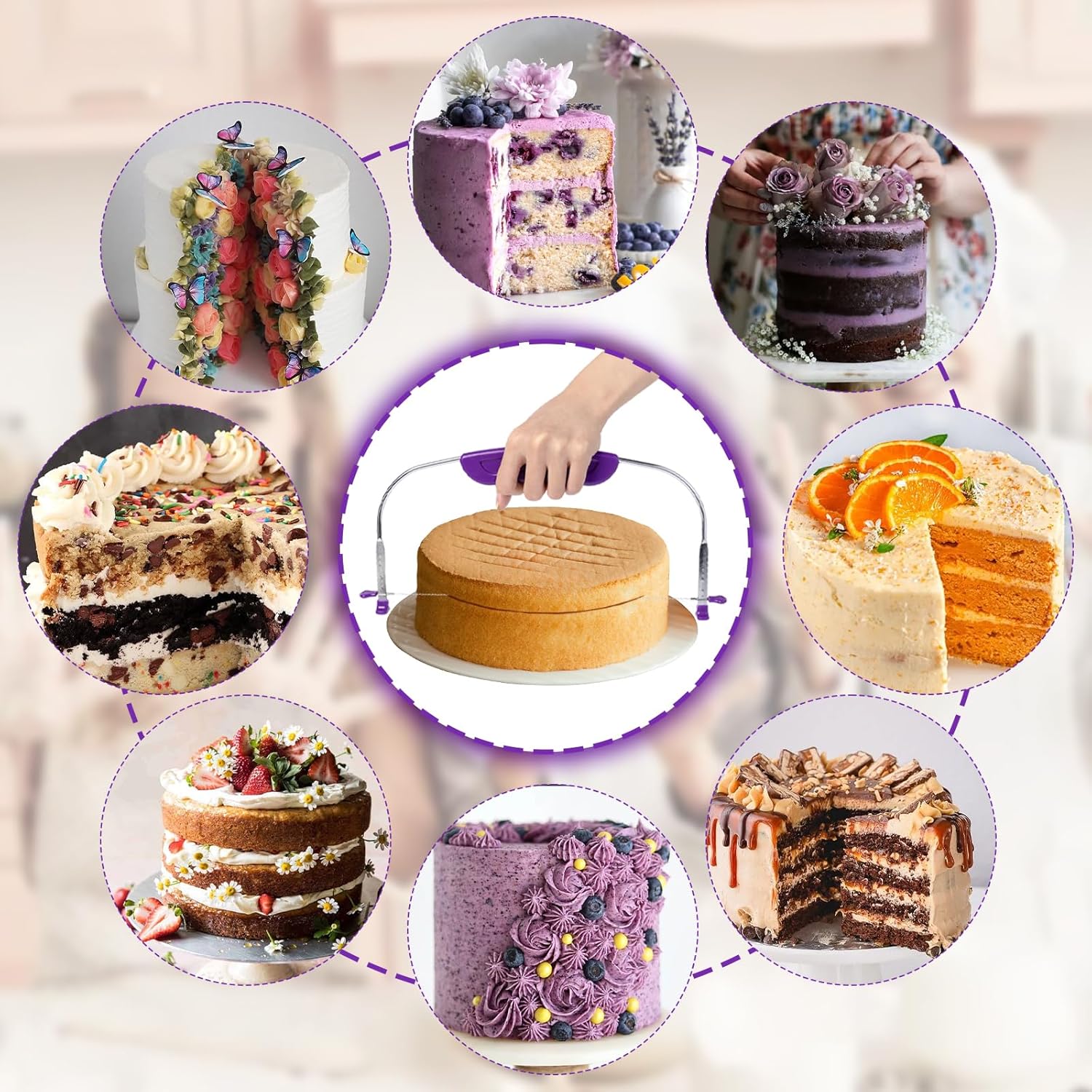 Adjustable Cake Leveler Cutter, Baking Supplies Tool for Kitchen, Professional Large Size Cake Cutter Slicer for Leveling, Single Stainless Steel Wire and Plastic Handle (Purple, 1pc)
