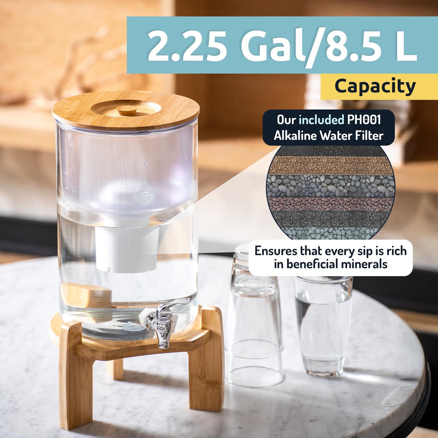 Invigorated Water pH Recharge Alkaline Water Filter Dispenser – BPA-Free Glass Countertop Water Filter Pitcher Purifier for Home & Office, 36-Cup Capacity, 360L Long Filter Life (Bamboo Classic)