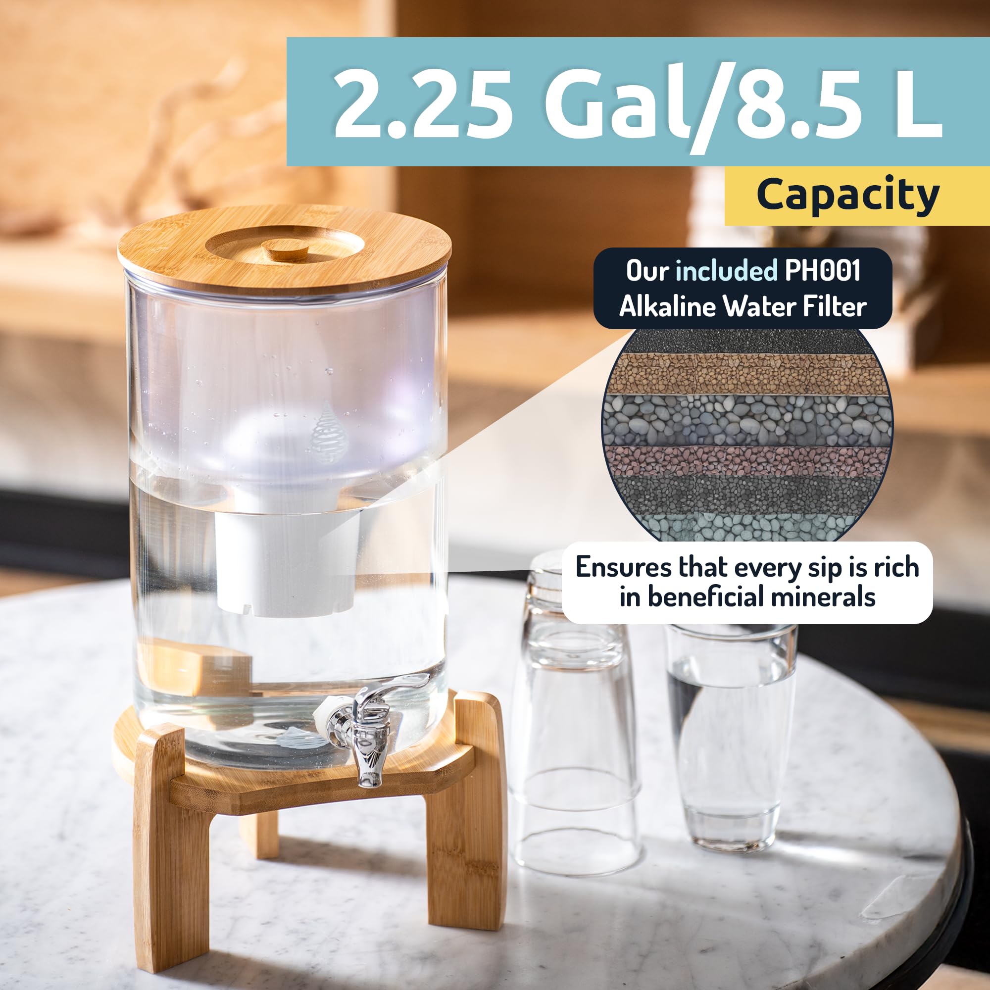 Invigorated Water pH Recharge Alkaline Water Filter Dispenser – BPA-Free Glass Countertop Water Filter Pitcher Purifier for Home & Office, 36-Cup Capacity, 360L Long Filter Life (Bamboo Classic)