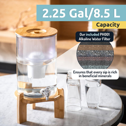 Invigorated Water pH Recharge Alkaline Water Filter Dispenser – BPA-Free Glass Countertop Water Filter Pitcher Purifier for Home & Office, 36-Cup Capacity, 360L Long Filter Life (Bamboo Classic)
