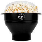 Popco Silikonowa maszynka do popcornu - Mikrofalowa maszynka do popcornu z uchwytami - Składana miska, Odporna na ciepło, Łatwa do czyszczenia, Idealna na rodzinne wieczory filmowe, Pojemność 15 filiżanek - Czarna