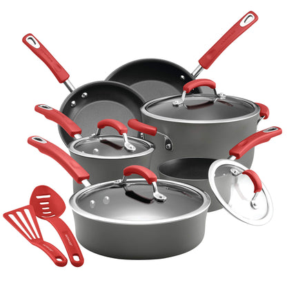 Rachael Ray - 87661 Rachael Ray Brights Hard Anodized Nonstick Cookware Pots and Pans Set, 12 Piece, Gray with Red Handles