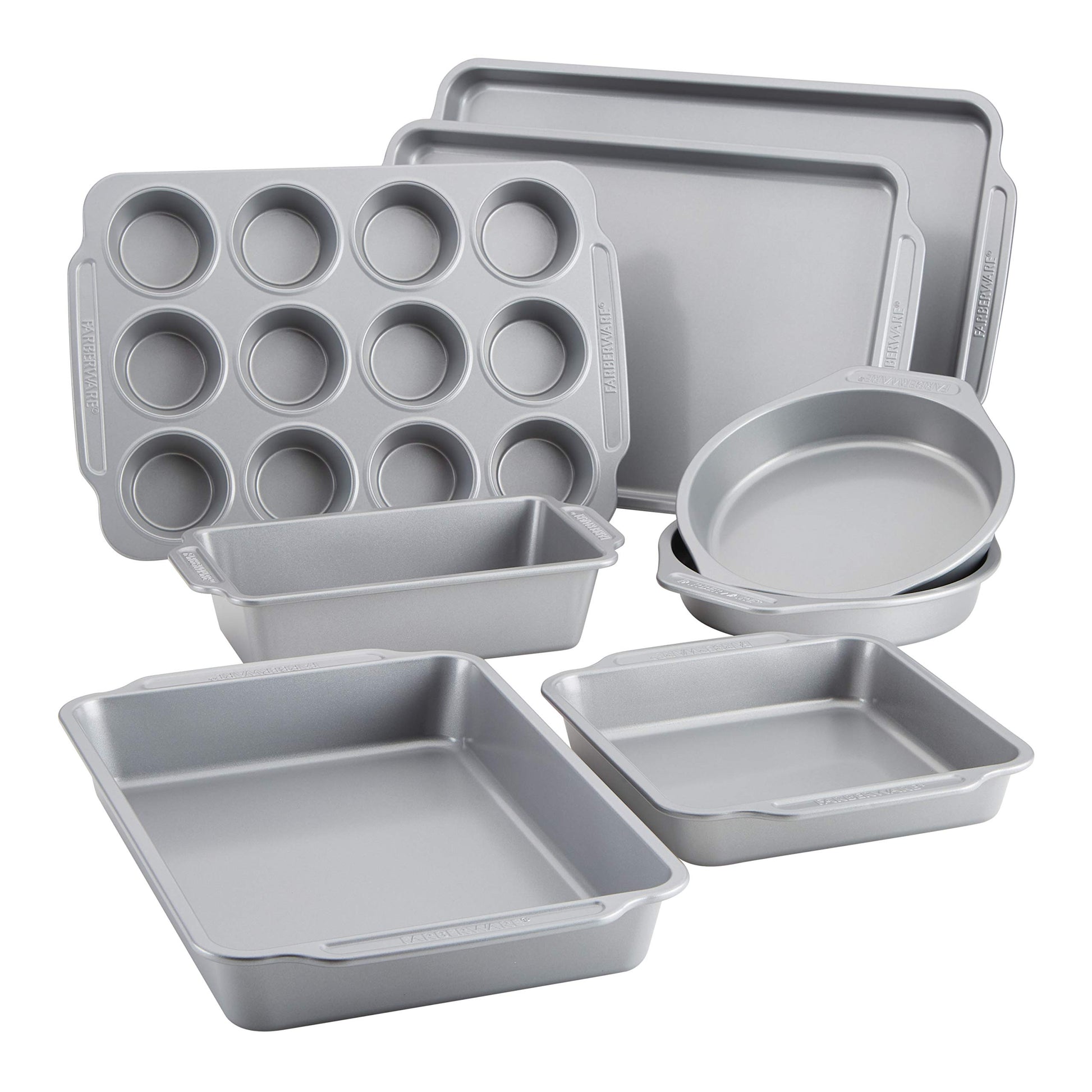 Farberware Nonstick Steel Bakeware Set with Cooling Rack, Baking Pan and Cookie Sheet Set with Nonstick Bread Pan and Cooling Grid, 10-Piece Set, Gray