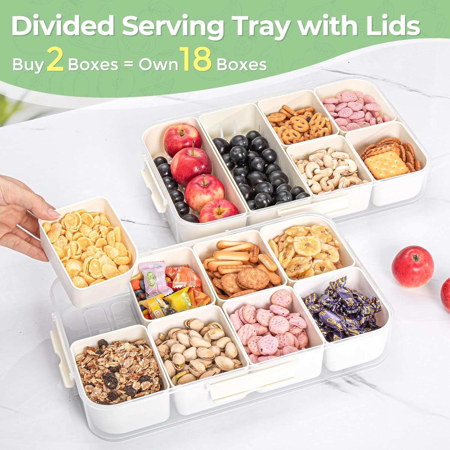 LUXEAR Divided Serving Tray with Lid and Handle Snack Box Charcuterie Container Dishwasher Safe 2Pack Snack Platters Portable Clear Organizer for Fruits, Candy, Snacks, Picnic, Party&Travel