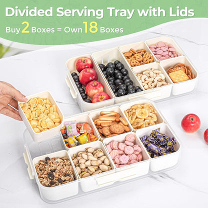 LUXEAR Divided Serving Tray with Lid and Handle Snack Box Charcuterie Container Dishwasher Safe 2Pack Snack Platters Portable Clear Organizer for Fruits, Candy, Snacks, Picnic, Party&Travel
