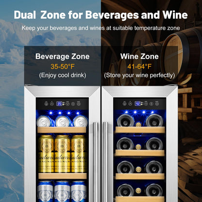 Wine and Beverage Refrigerator, 24 Inch Beverage Cooler Dual Zone with Glass Door, Built-in/Freestanding Beverage Fridge with Upgraded 20 Bottles and 60 Cans Large Capacity