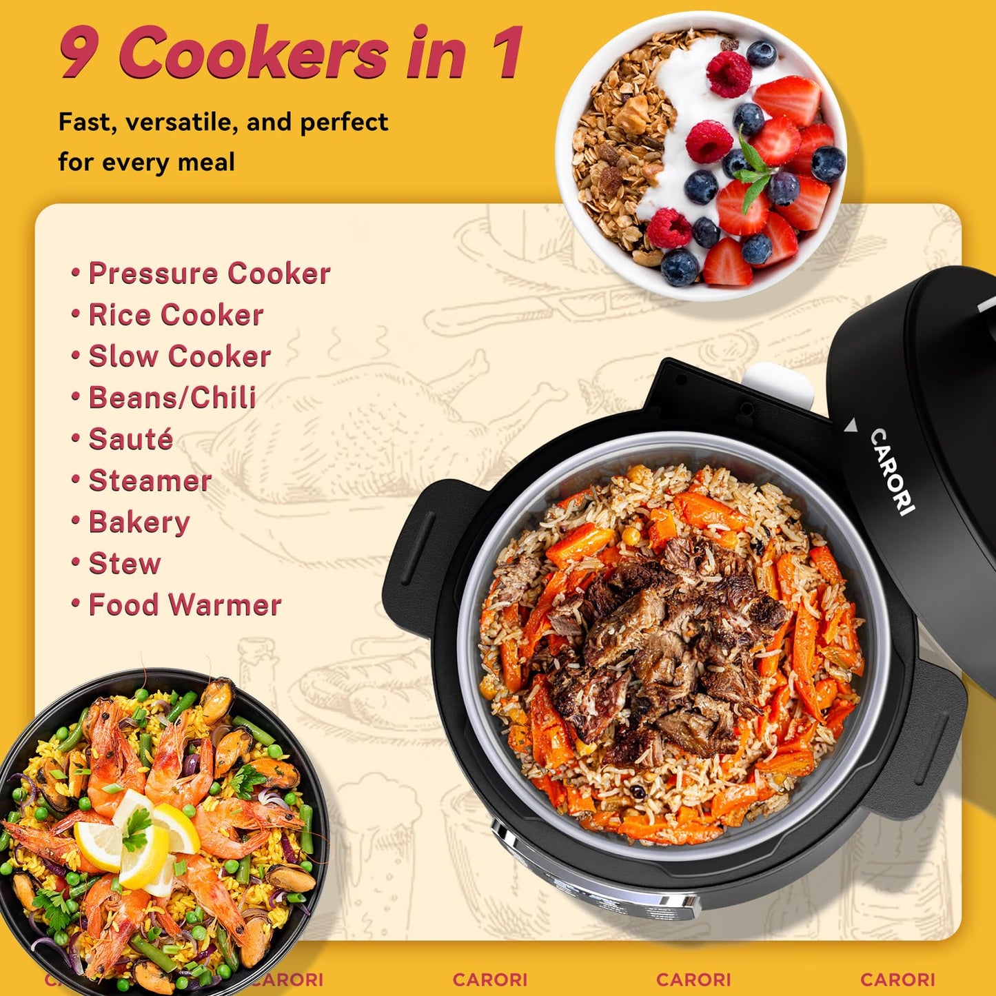 CARORI 9-in-1 Electric Pressure Cooker 6 Qt, Stainless Steel Inner Pot, Programmable 12 Multi-Function Cooker with Safe Vent Design, Rice Cook, Slow Cook, Sous Vide, Sauté, Warmer & Sterilizer, Black