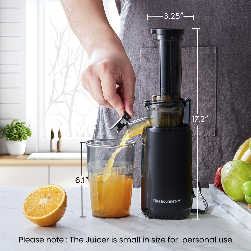 Elite Gourmet Masticating Juicer Machines, 12-inch Juicer, Masticating Cold Press Juicer Machines, Juicer for Vegetables and Fruits, Easy to Clean Juicer, Charcoal Grey