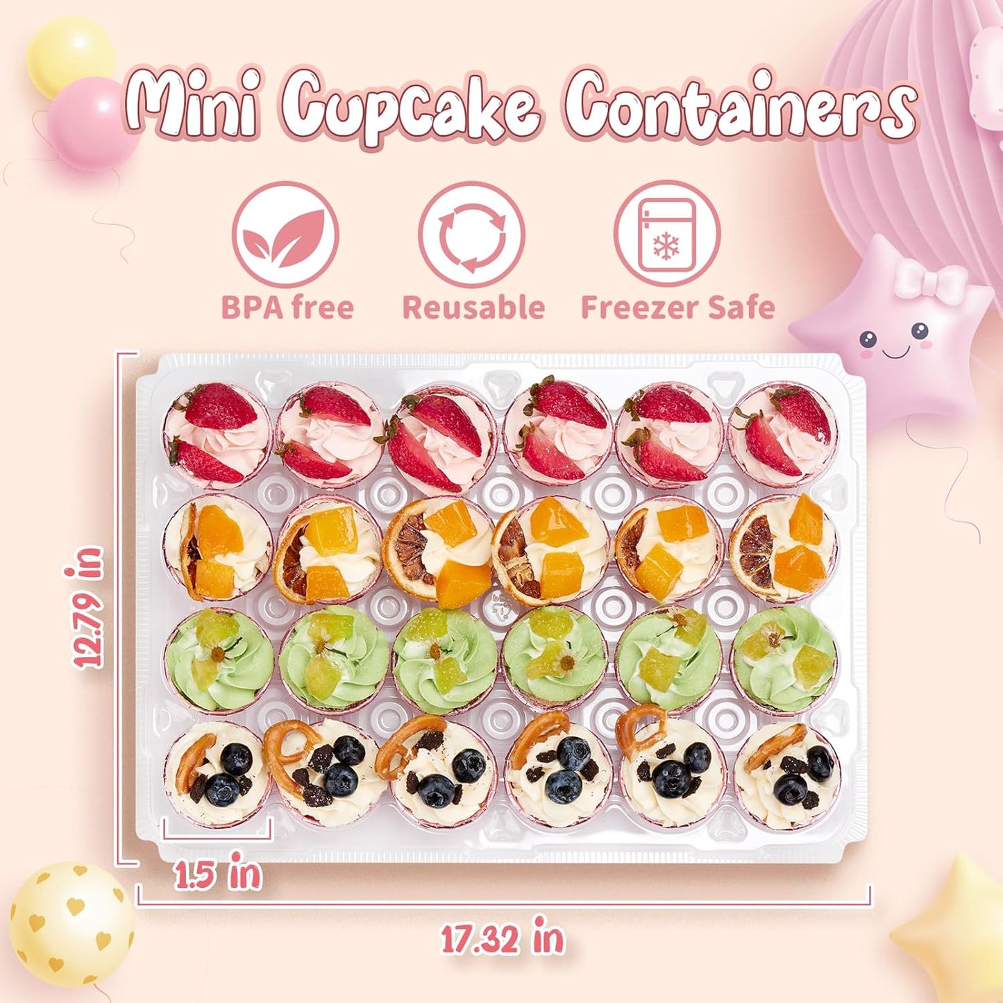 (24 Pack x 15 Sets) Mini Cupcake Containers with 375 Pack Cupcakes Liners, Plastic Cupcake Holder, Stackable Mini Cupcake Boxes Carrier, Clear Disposable Cupcake Trays, High Dome - MINI SIZE