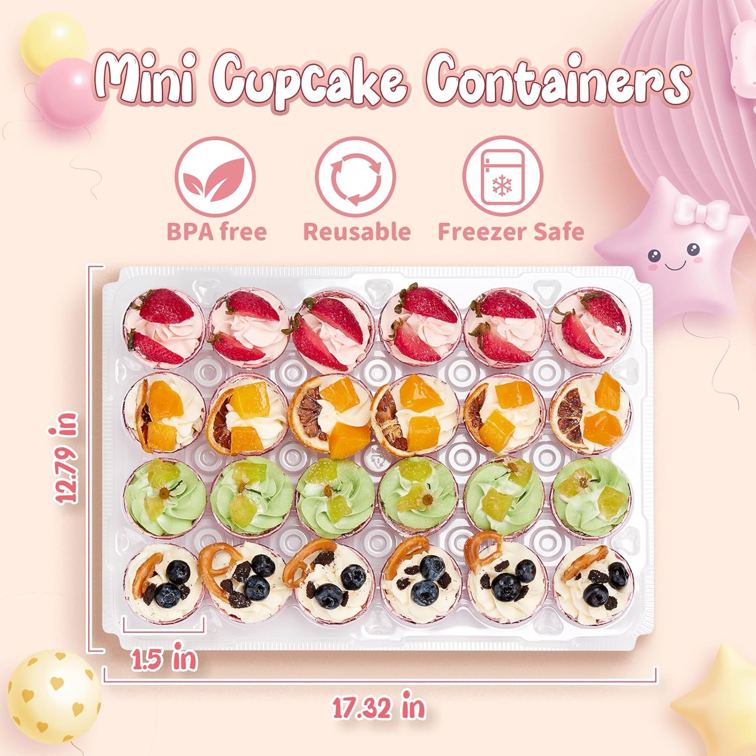 (24 Pack x 15 Sets) Mini Cupcake Containers with 375 Pack Cupcakes Liners, Plastic Cupcake Holder, Stackable Mini Cupcake Boxes Carrier, Clear Disposable Cupcake Trays, High Dome - MINI SIZE