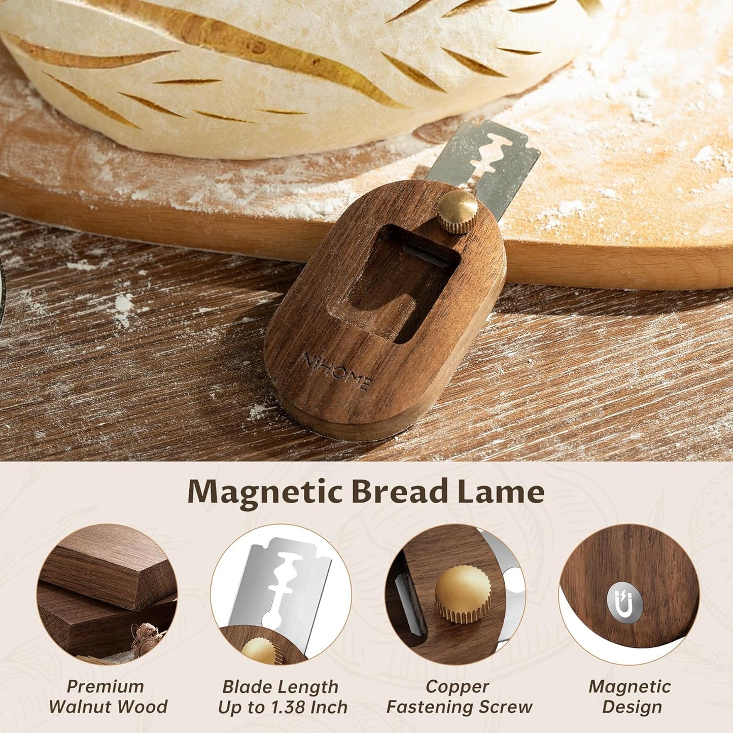 NiHome Bread Lame with Extractable Blade and Magnetic Back, Push-Pull Design for Secure Blade Locking, Easy-to-Use Walnut Wood Handle, Perfect for Dough Scoring, Bread, Pastries, and Food Cutting