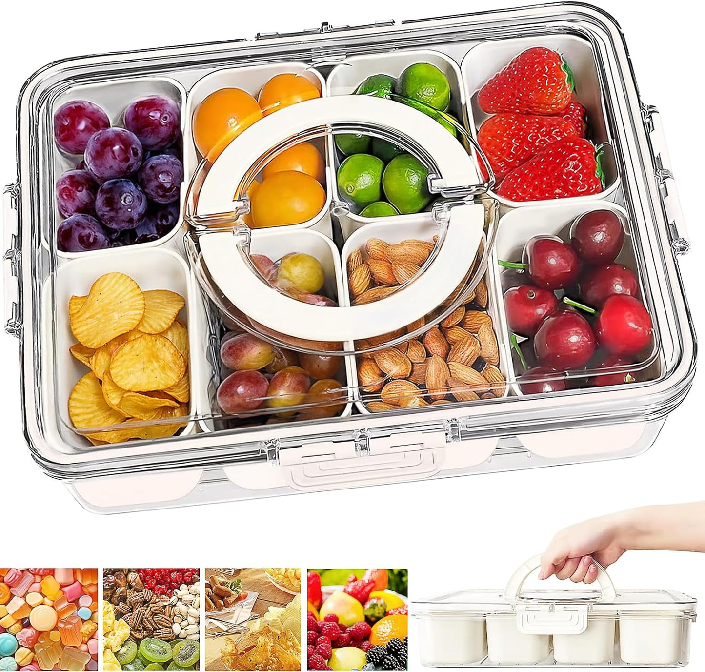 Divided Serving Tray with Lid and Handle,Portable Snackle Box Charcuterie Container,Snack tray Storage Organizer with lid,Snack Platters for Fruit, Nuts, Candy, Entertaining, Party, Picnic,Travel