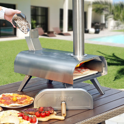 BIG HORN OUTDOORS Pizza Ovens Wood Pellet 12” Pizza Oven Cooking Pizza Maker Portable Stainless Steel Pizza Grill, Silver Portable Party use