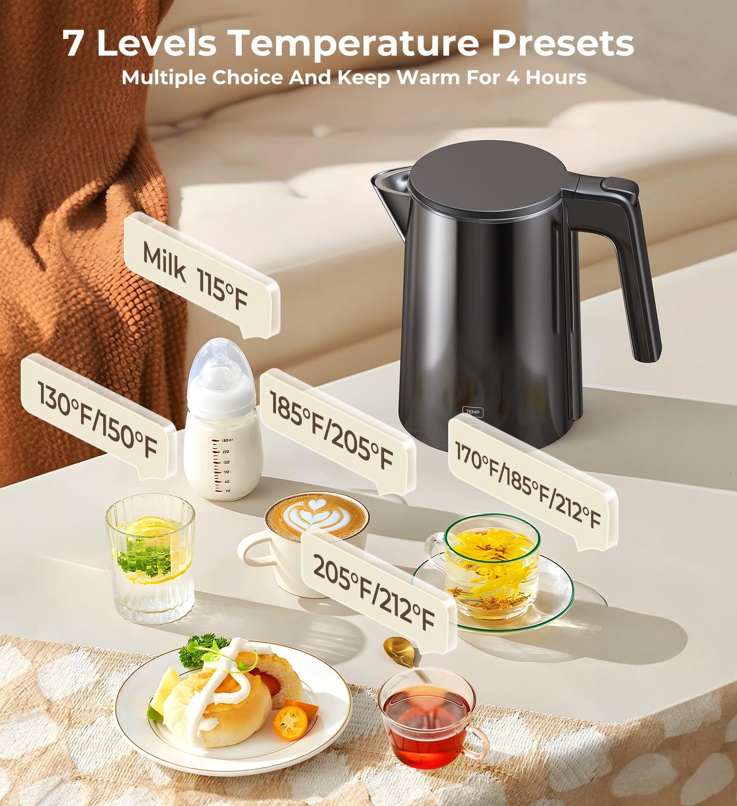 Electric Kettle, Double Wall Stainless Steel Cool Touch Water Boiler Heater, 7 Temperature Control Teapot, 4H Keep Warm, 1.0L 1200W Fast Heat with Auto Shut-Off, Boil-Dry Proof Coffee Tea Pot, Black