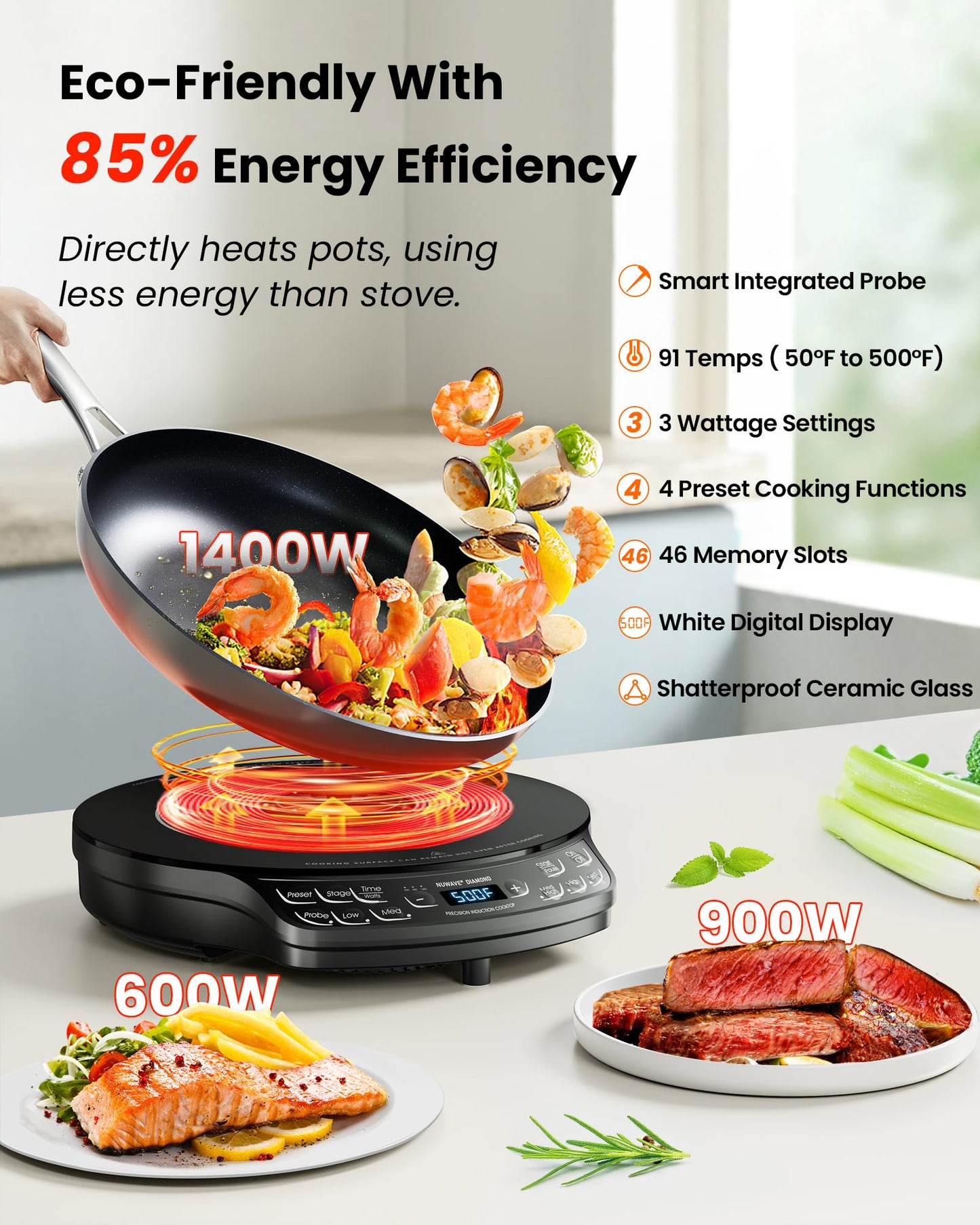 Nuwave Portable Induction Cooktop Diamond with Probe, Advanced Countertop Burner, 91 Temps from 50°F to 500°F, 12”Shatter-Proof Ceramic Glass & 6.5”Heating Coil, Ideal for RV Camp,Small Apt,Travel