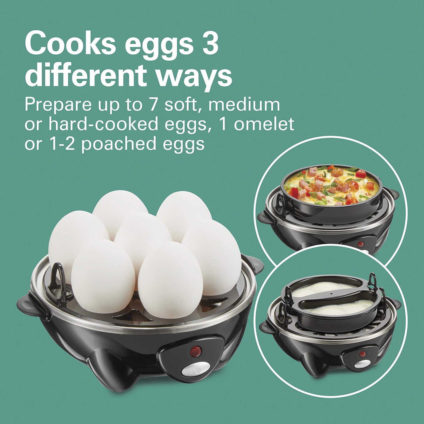 Hamilton Beach Egg Cooker 3-in-1 for Hard Boiled & Poached Eggs, Omelets & Vegetable Steamer, Holds 7, Black (25507)