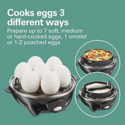 Hamilton Beach Egg Cooker 3-in-1 for Hard Boiled & Poached Eggs, Omelets & Vegetable Steamer, Holds 7, Black (25507)