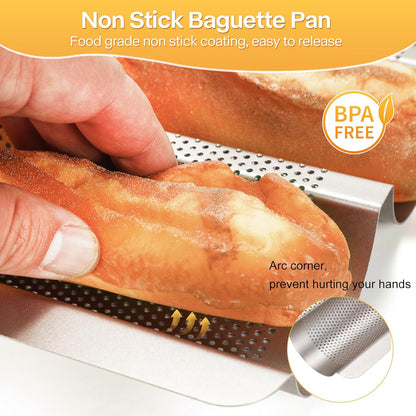 Baguette Bread Pan, Perforated French Bread Baking Pan, Nonstick 3 Loaf Bread Pans for Baking, with Baguette Kit – Includes Proofing Cloth & Dough Cutter, 15x11 Inch Gold