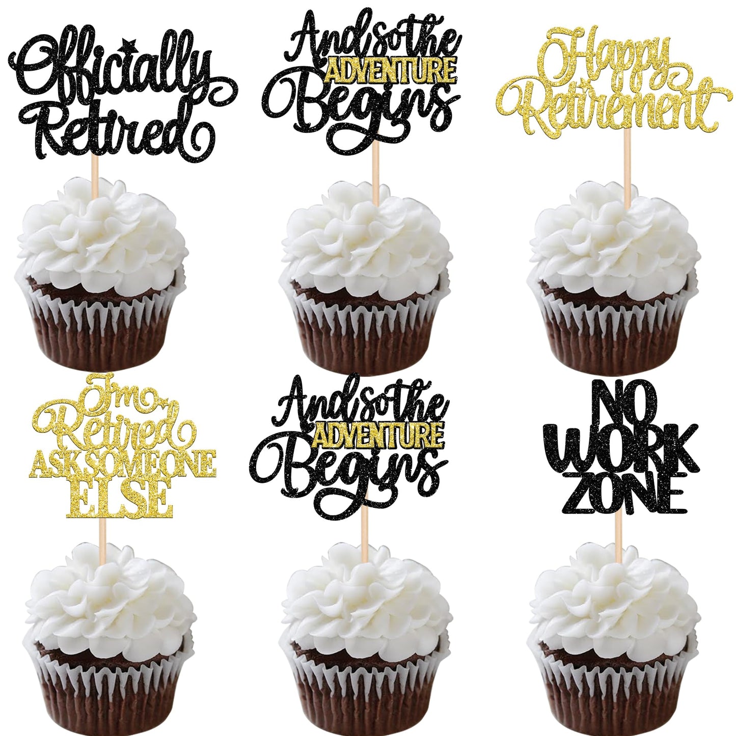 30 PCS Happy Retirement Cupcake Toppers Officially Retired No Work Zone Adventure Begins Cupcake Picks for Retirement Theme Farewell Birthday Party Cake Decorations Supplies Black