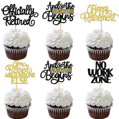 30 PCS Happy Retirement Cupcake Toppers Officially Retired No Work Zone Adventure Begins Cupcake Picks for Retirement Theme Farewell Birthday Party Cake Decorations Supplies Black