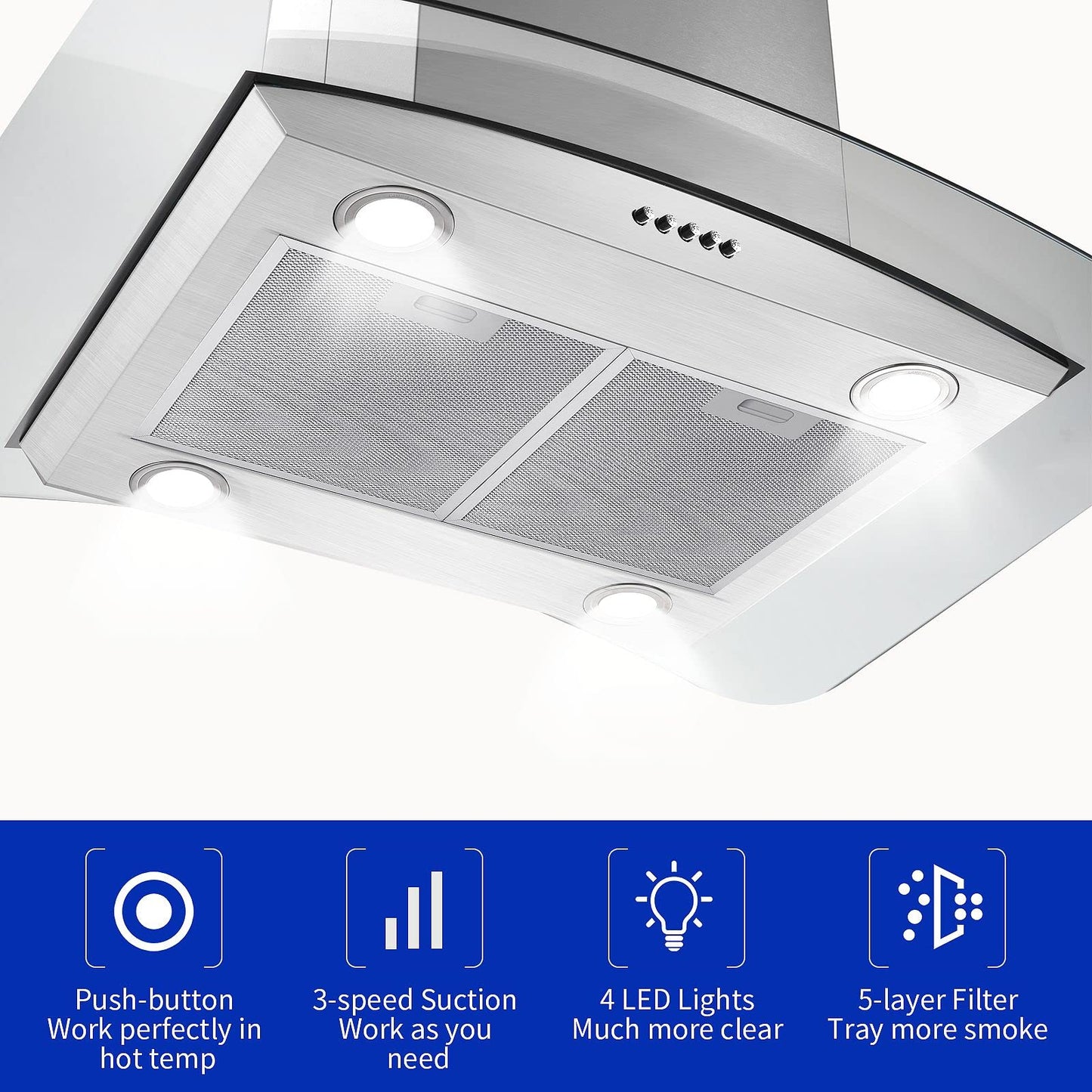 JOEAONZ 30 inch Island Range Hood Stainless Steel 700 CFM Push Button Control Kitchen Exhaust Ventilation Fan with 5-layer Mesh Filters, Large Airflow Capacity Ceiling Mount Vent Hood