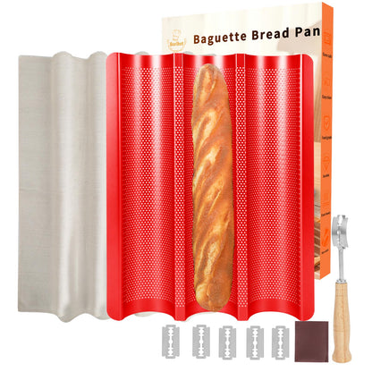 Baguette Bread Pan, Perforated French Bread Baking Pan, Nonstick 3 Loaf Bread Pans for Baking, with Baguette Kit – Includes Proofing Cloth & Dough Cutter, 15x11 Inch Gold
