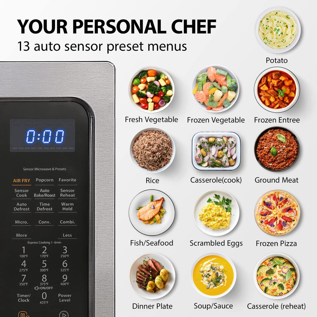 Toshiba Air Fryer Combo 4 w 1 kuchenka mikrofalowa do zabudowy, inteligentny czujnik, konwekcja, funkcja wyciszenia, pamięć położenia, talerz obrotowy 13,6 cala, 1,5 stopy sześciennej, 1000 W, czarny, ML-EC42P(BS)