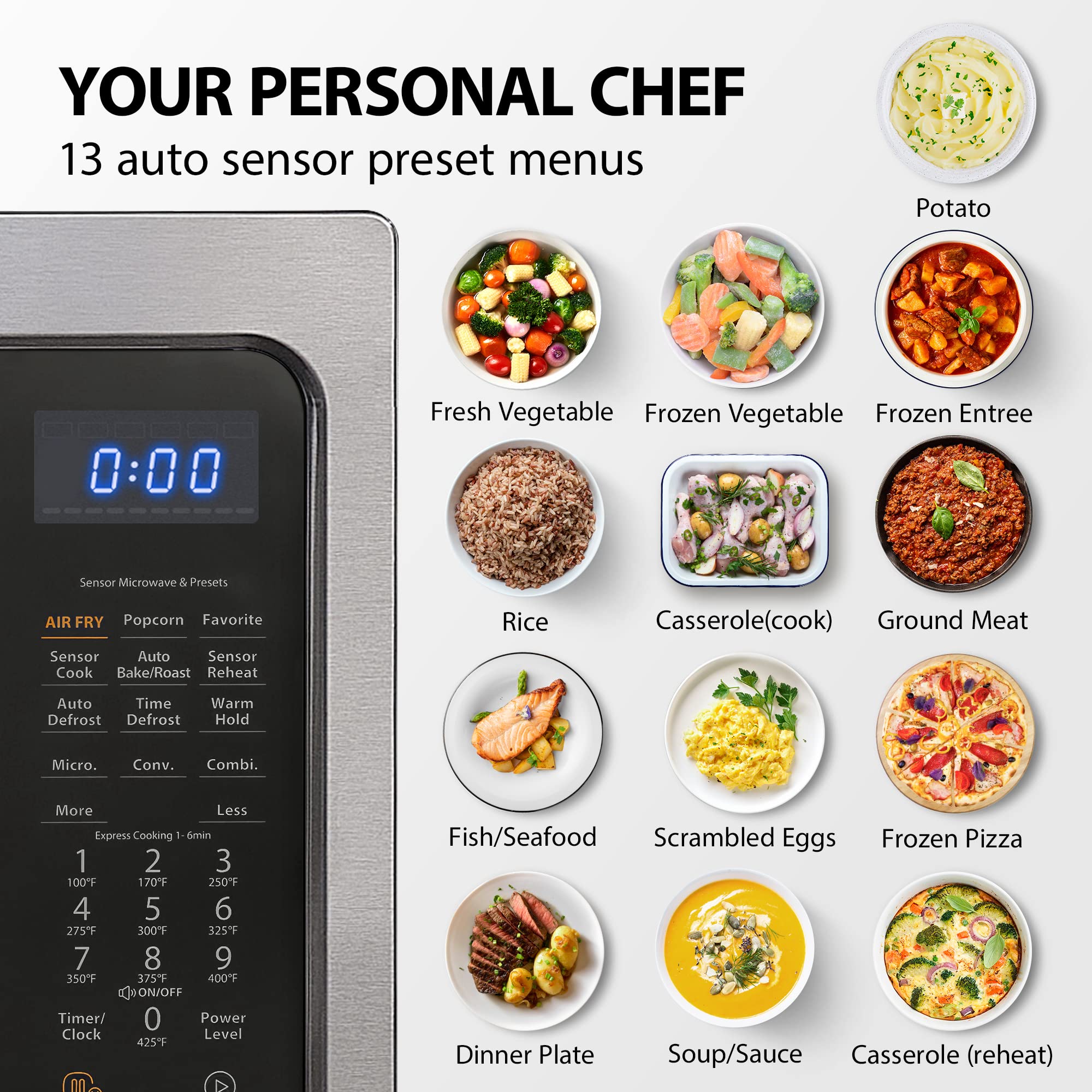 Toshiba Air Fryer Combo 4 w 1 kuchenka mikrofalowa do zabudowy, inteligentny czujnik, konwekcja, funkcja wyciszenia, pamięć położenia, talerz obrotowy 13,6 cala, 1,5 stopy sześciennej, 1000 W, czarny, ML-EC42P(BS)